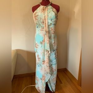 Soft full length sleeveless flower dress. Large Peach/white flowers on aqua base